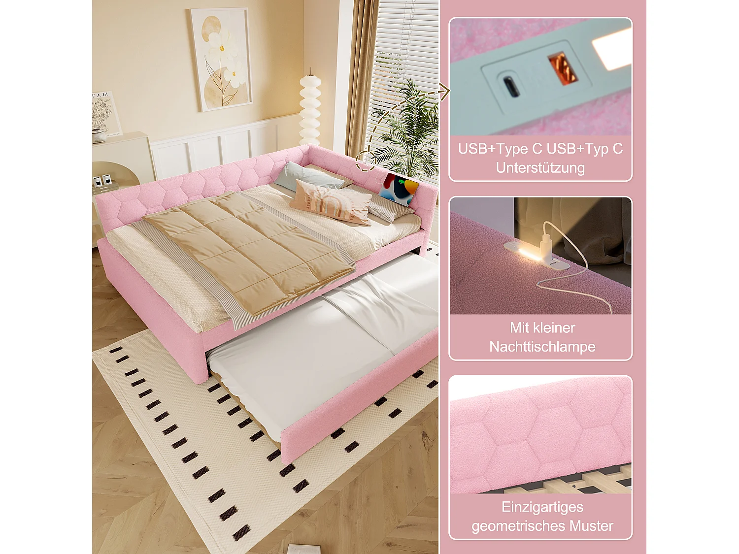 Divano letto estraibile per bambini - 140 x 200 cm + 90 x 190 cm - con lampada da comodino + USB - velluto - rosa