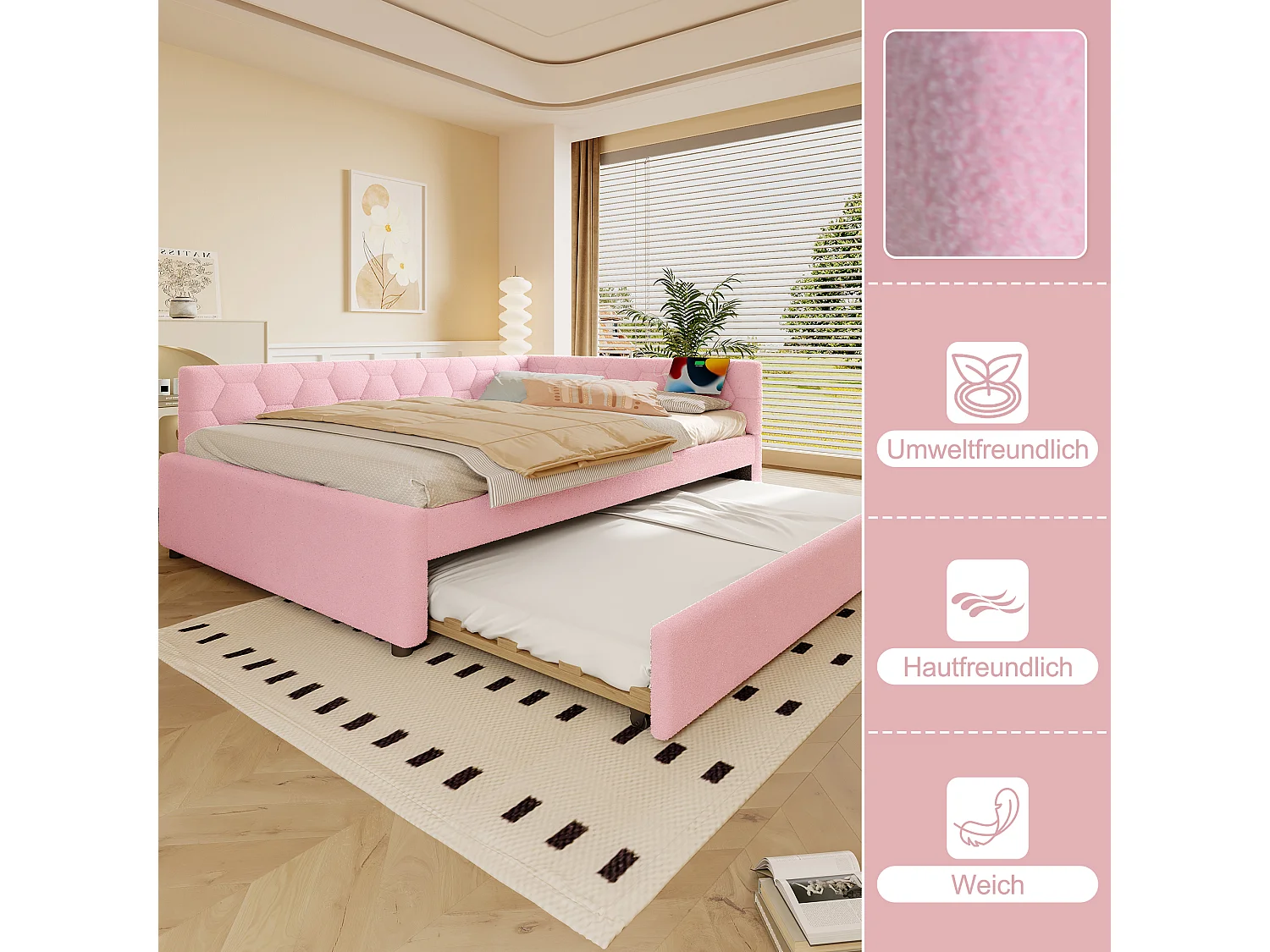Divano letto estraibile per bambini - 140 x 200 cm + 90 x 190 cm - con lampada da comodino + USB - velluto - rosa