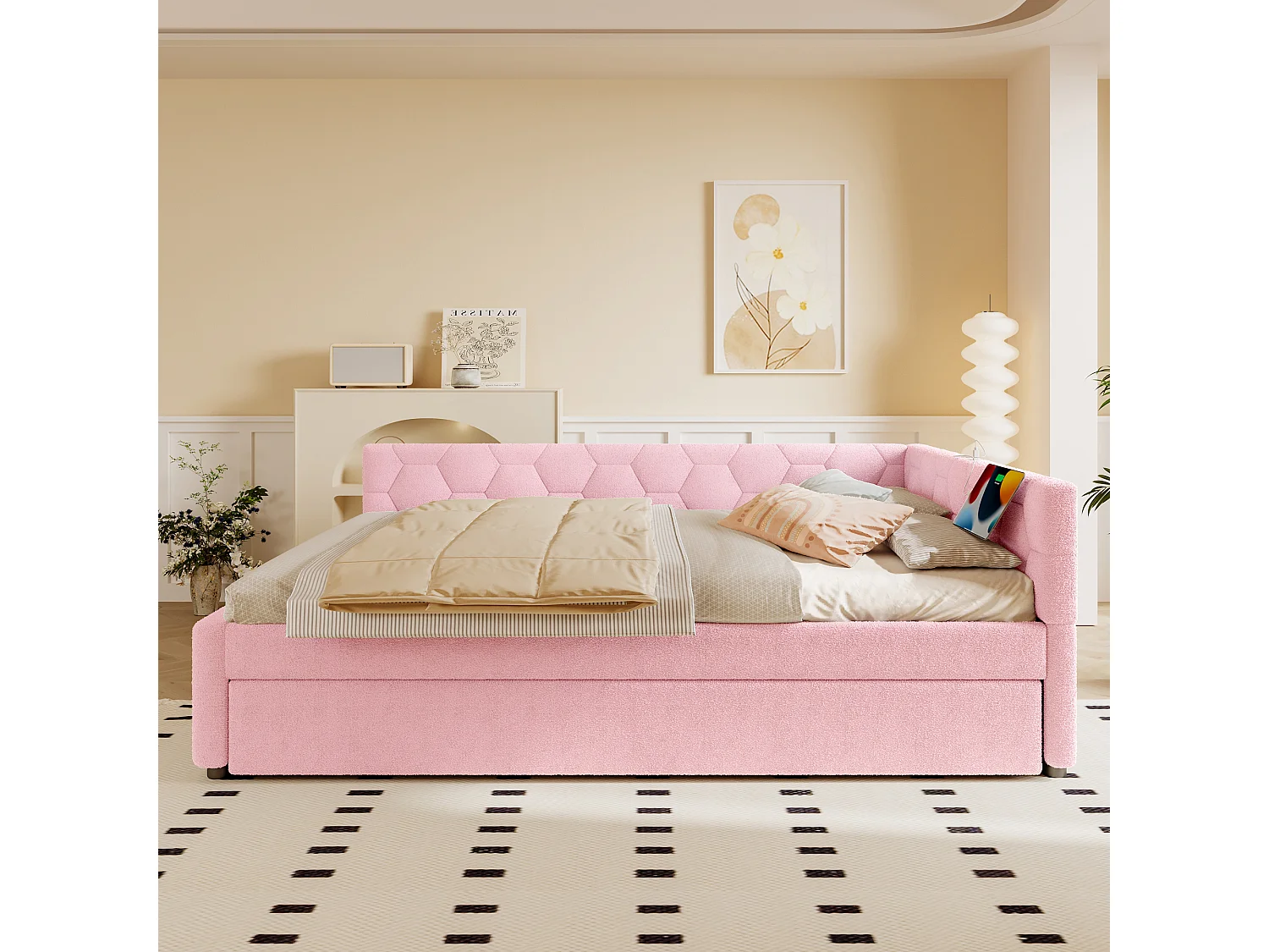 Divano letto estraibile per bambini - 140 x 200 cm + 90 x 190 cm - con lampada da comodino + USB - velluto - rosa