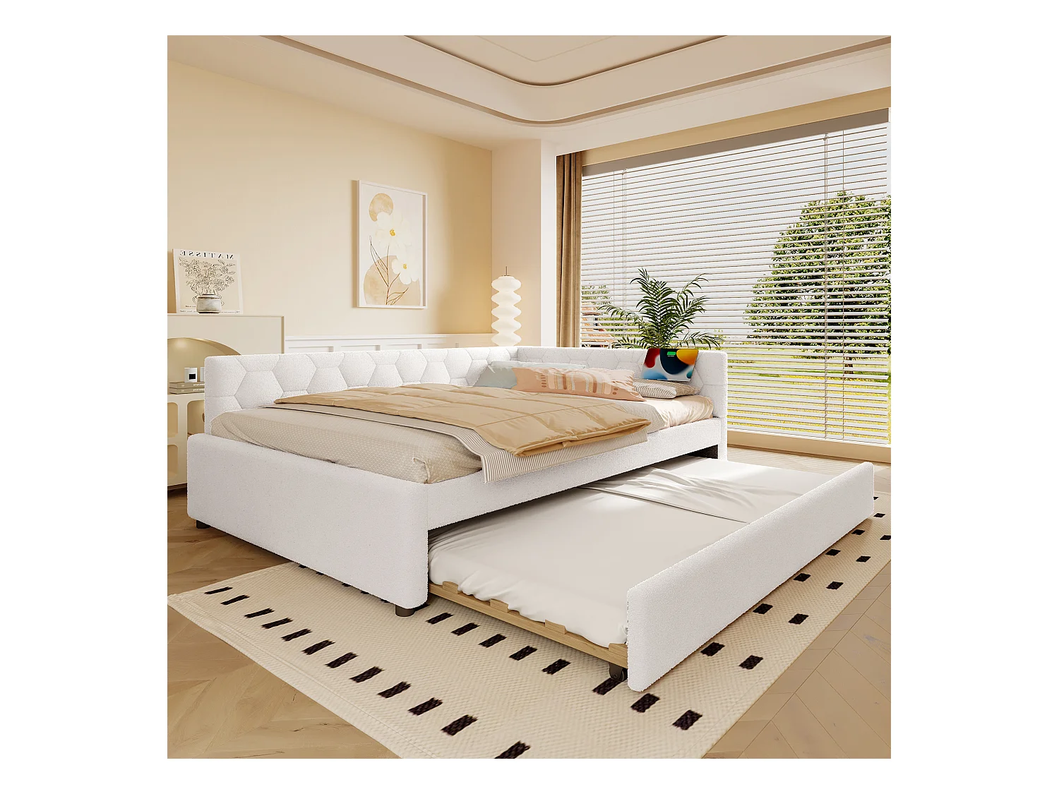 Canapé-lit gigogne pour enfant - 140 x 200 cm + 90 x 190 cm - avec lampe de chevet + USB - velours - blanc