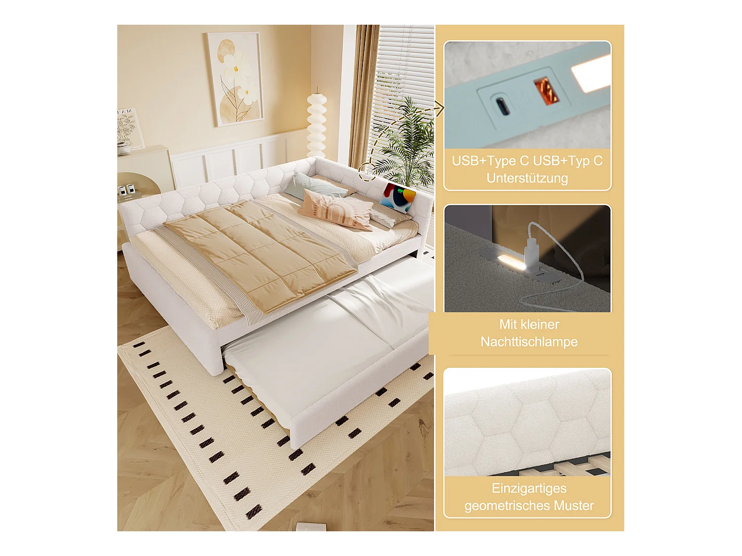 Canapé-lit gigogne pour enfant - 140 x 200 cm + 90 x 190 cm - avec lampe de chevet + USB - velours - blanc