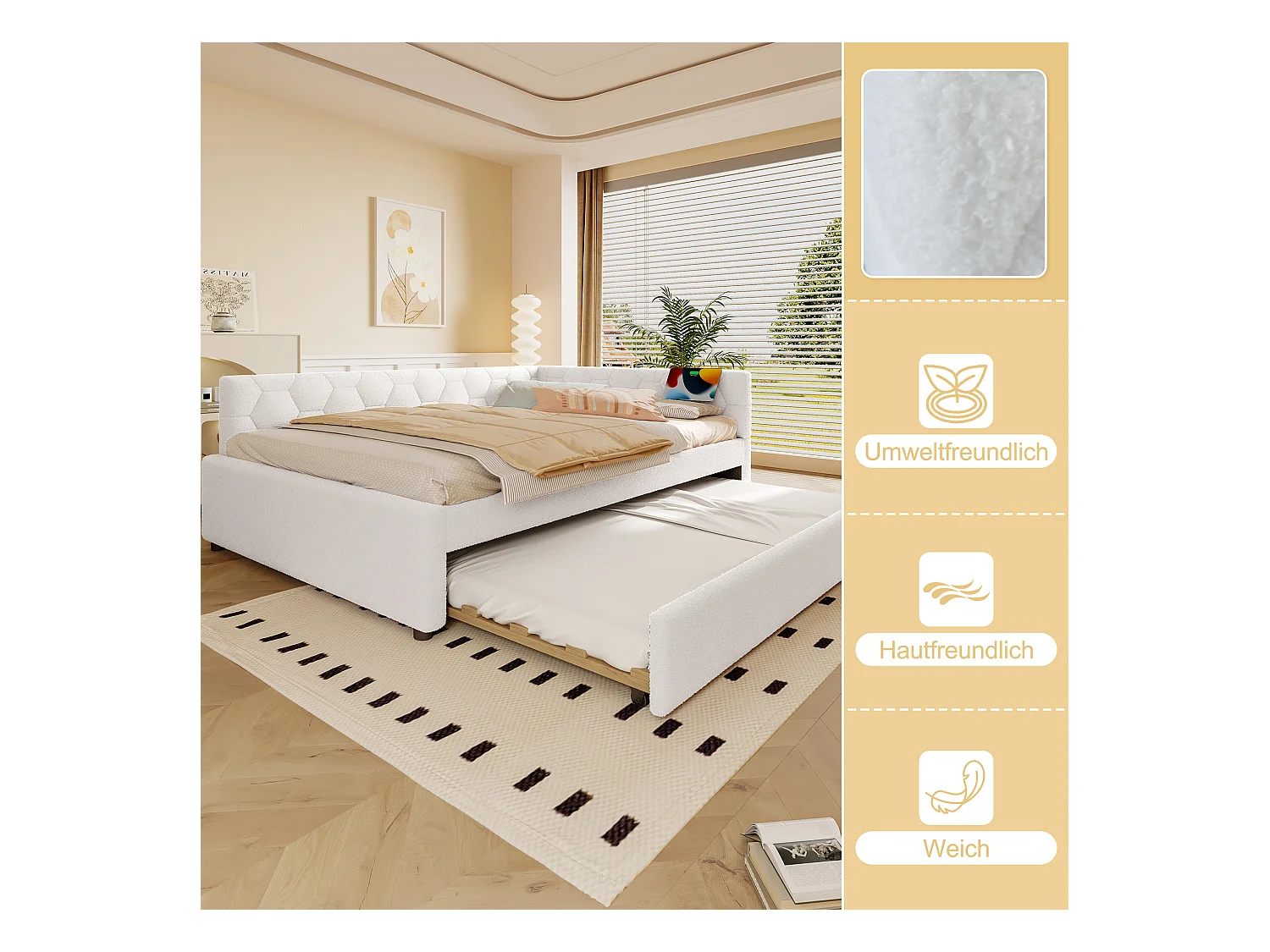 Canapé-lit gigogne pour enfant - 140 x 200 cm + 90 x 190 cm - avec lampe de chevet + USB - velours - blanc