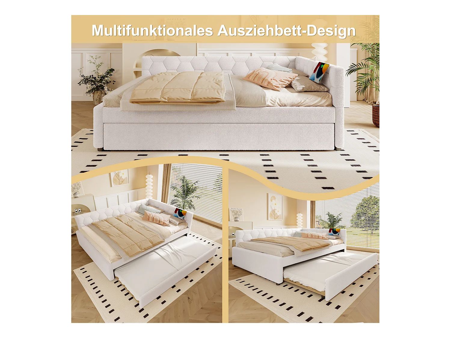 Canapé-lit gigogne pour enfant - 140 x 200 cm + 90 x 190 cm - avec lampe de chevet + USB - velours - blanc