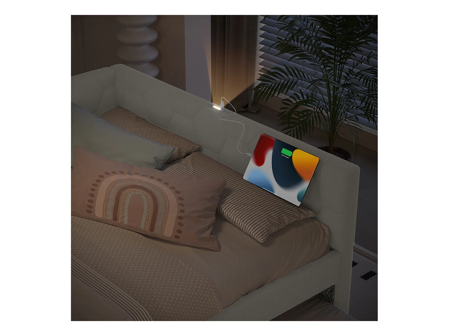 Canapé-lit gigogne pour enfant - 140 x 200 cm + 90 x 190 cm - avec lampe de chevet + USB - velours - blanc