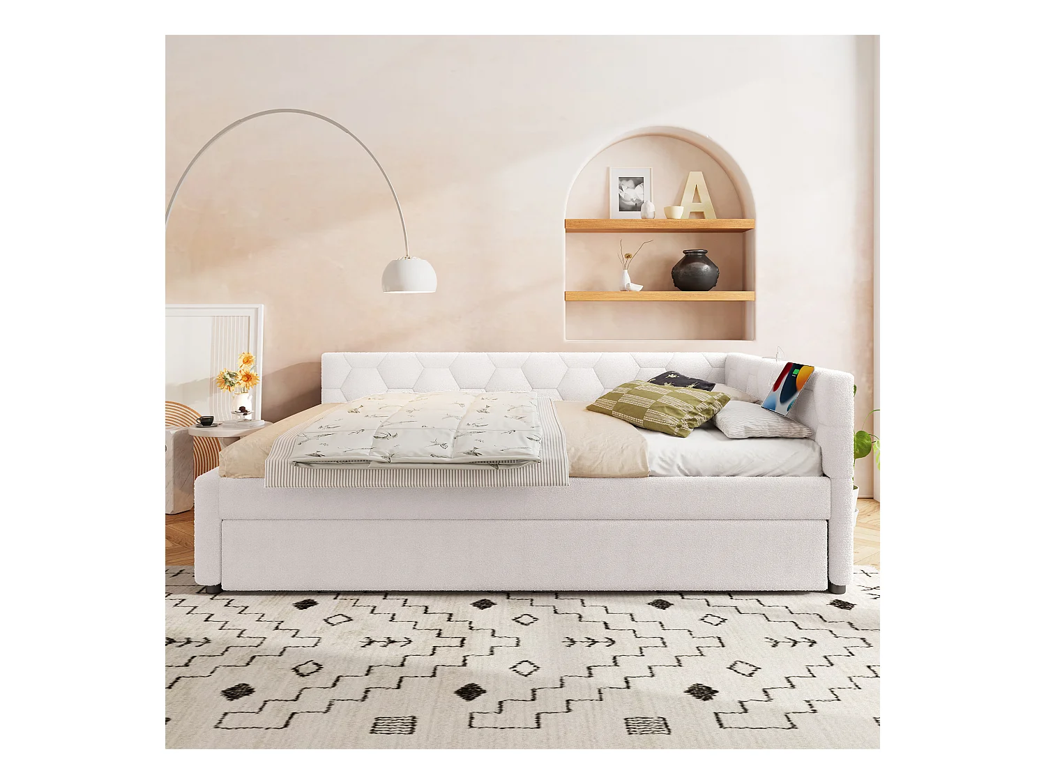 Canapé-lit gigogne pour enfant - 140 x 200 cm + 90 x 190 cm - avec lampe de chevet + USB - velours - blanc