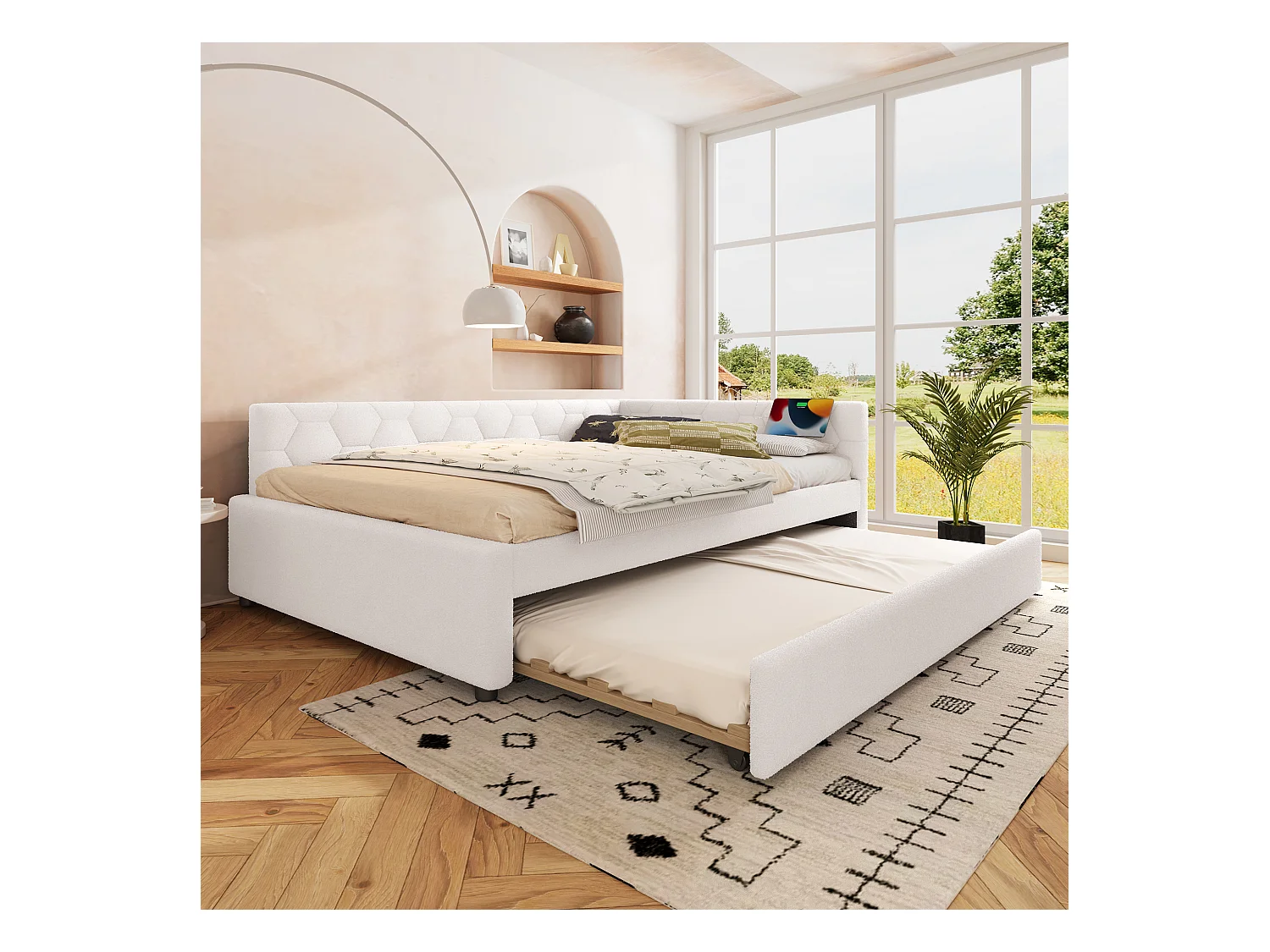 Kinder-Ausziehsofa - 140 x 200 cm + 90 x 190 cm - mit Nachttischlampe + USB - Samt - rosa