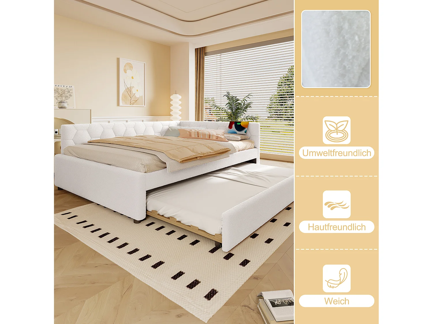 Divano letto estraibile per bambini - 140 x 200 cm + 90 x 190 cm - con lampada da comodino + USB - velluto - rosa