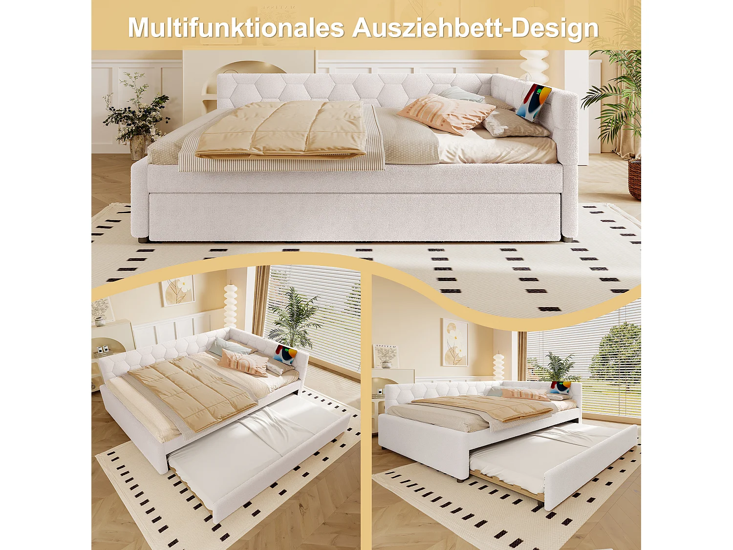 Divano letto estraibile per bambini - 140 x 200 cm + 90 x 190 cm - con lampada da comodino + USB - velluto - rosa