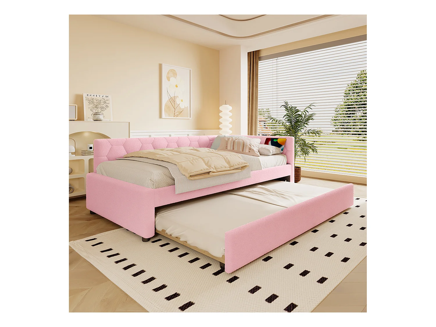 Canapé-lit gigogne pour enfant - 90 x 200 cm + 90 x 190 cm - avec lampe de chevet + USB - velours - rose