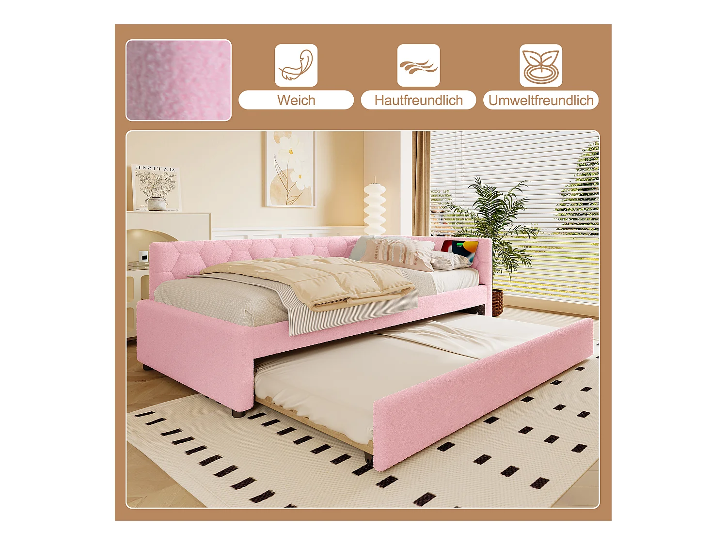 Canapé-lit gigogne pour enfant - 90 x 200 cm + 90 x 190 cm - avec lampe de chevet + USB - velours - rose