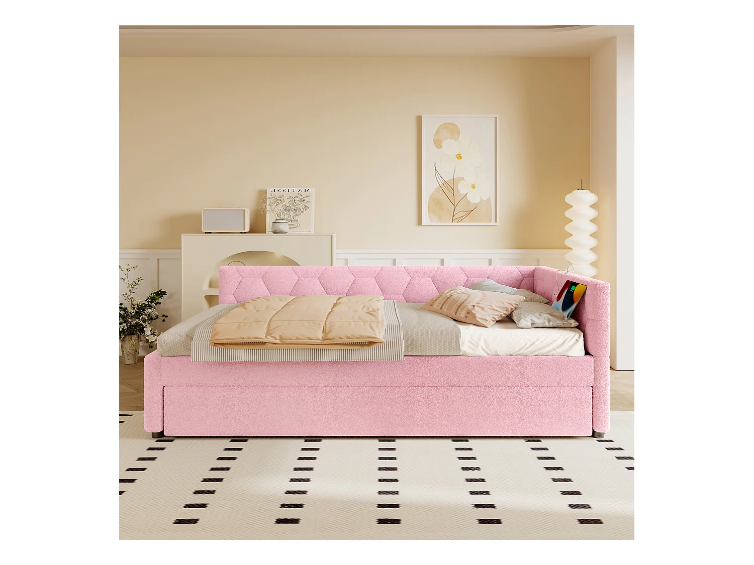 Kinder-Ausziehsofa - 90 x 200 cm + 90 x 190 cm - mit Nachttischlampe + USB - Samt - rosa