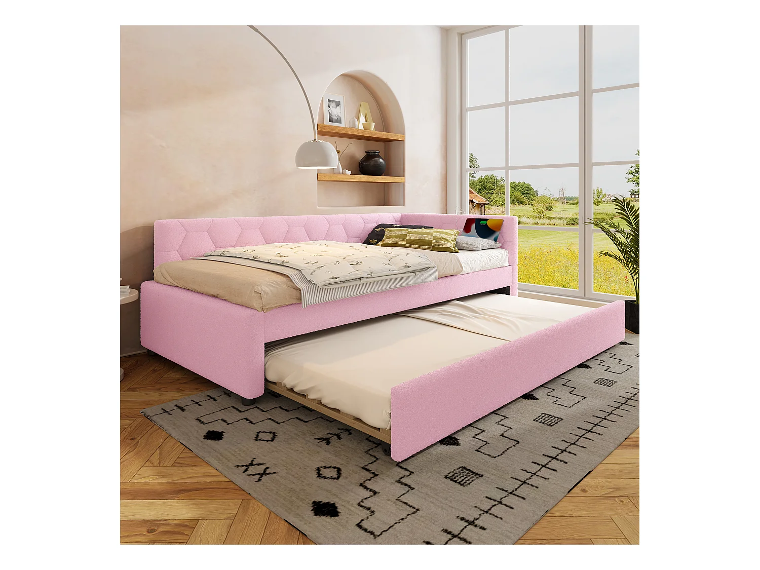 Kinder-Ausziehsofa - 90 x 200 cm + 90 x 190 cm - mit Nachttischlampe + USB - Samt - rosa
