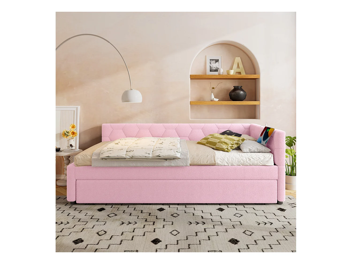 Kinder-Ausziehsofa - 90 x 200 cm + 90 x 190 cm - mit Nachttischlampe + USB - Samt - rosa