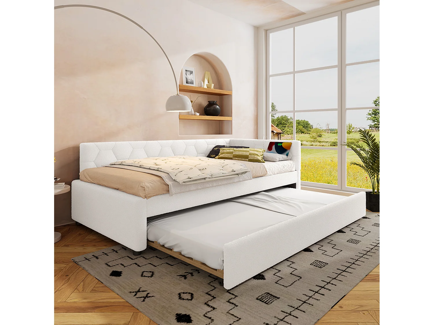 Divano letto estraibile per bambini - 90 x 200 cm + 90 x 190 cm - con lampada da comodino + USB - velluto - rosa