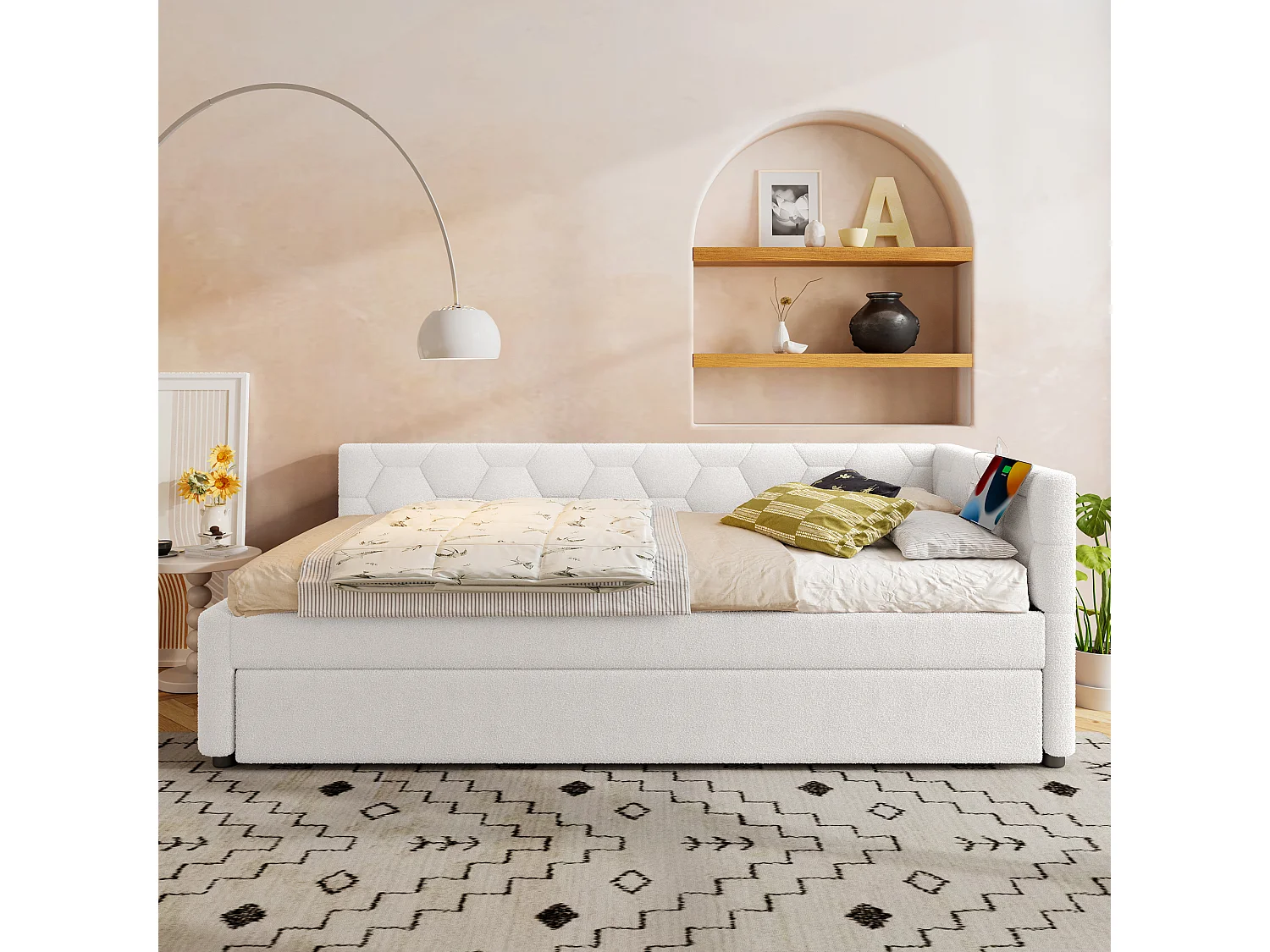 Divano letto estraibile per bambini - 90 x 200 cm + 90 x 190 cm - con lampada da comodino + USB - velluto - rosa