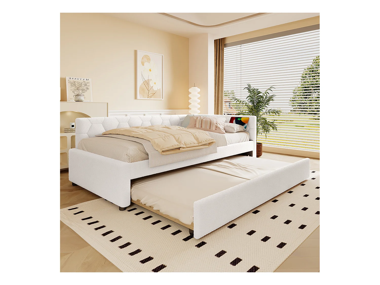 Canapé-lit gigogne pour enfant - 90 x 200 cm + 90 x 190 cm - avec lampe de chevet + USB - velours - blanc