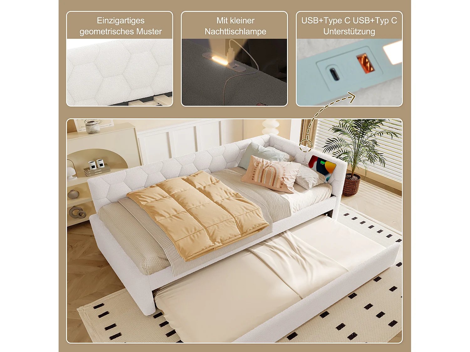 Canapé-lit gigogne pour enfant - 90 x 200 cm + 90 x 190 cm - avec lampe de chevet + USB - velours - blanc