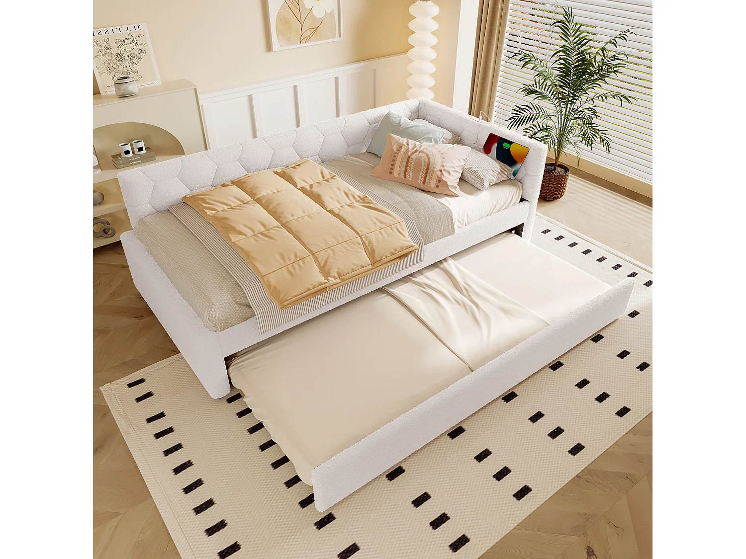 Canapé-lit gigogne pour enfant - 90 x 200 cm + 90 x 190 cm - avec lampe de chevet + USB - velours - blanc