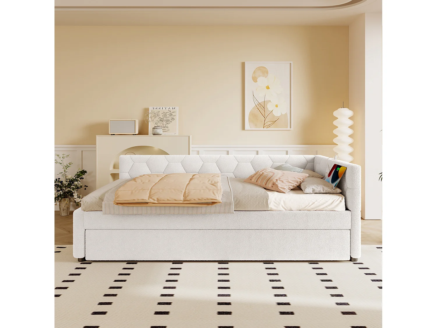 Canapé-lit gigogne pour enfant - 90 x 200 cm + 90 x 190 cm - avec lampe de chevet + USB - velours - blanc