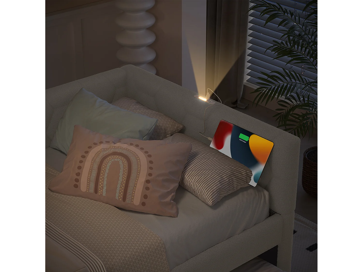 Canapé-lit gigogne pour enfant - 90 x 200 cm + 90 x 190 cm - avec lampe de chevet + USB - velours - blanc