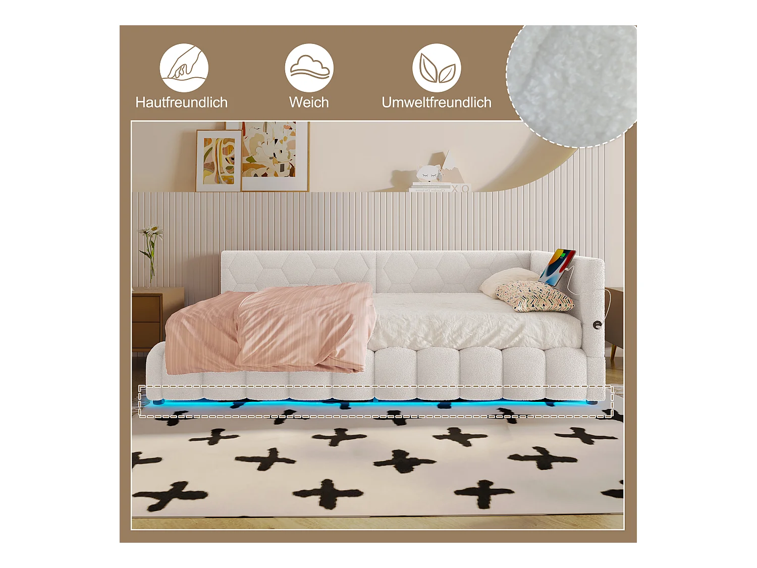 Canapé-lit pour enfant - 90 x 200 cm - avec Leds + rangement hydraulique + USB - velours - blanc