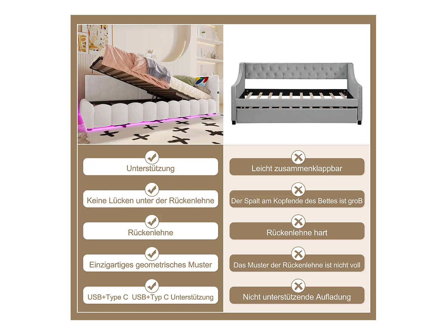 Canapé-lit pour enfant - 90 x 200 cm - avec Leds + rangement hydraulique + USB - velours - blanc