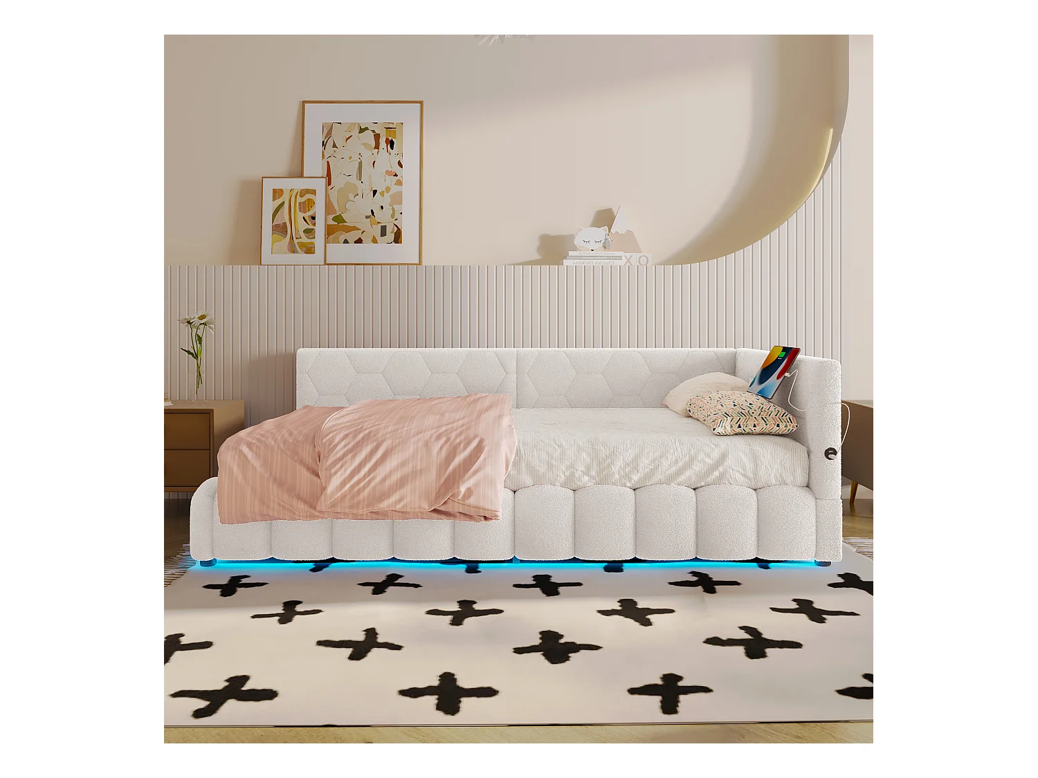 Canapé-lit pour enfant - 90 x 200 cm - avec Leds + rangement hydraulique + USB - velours - blanc