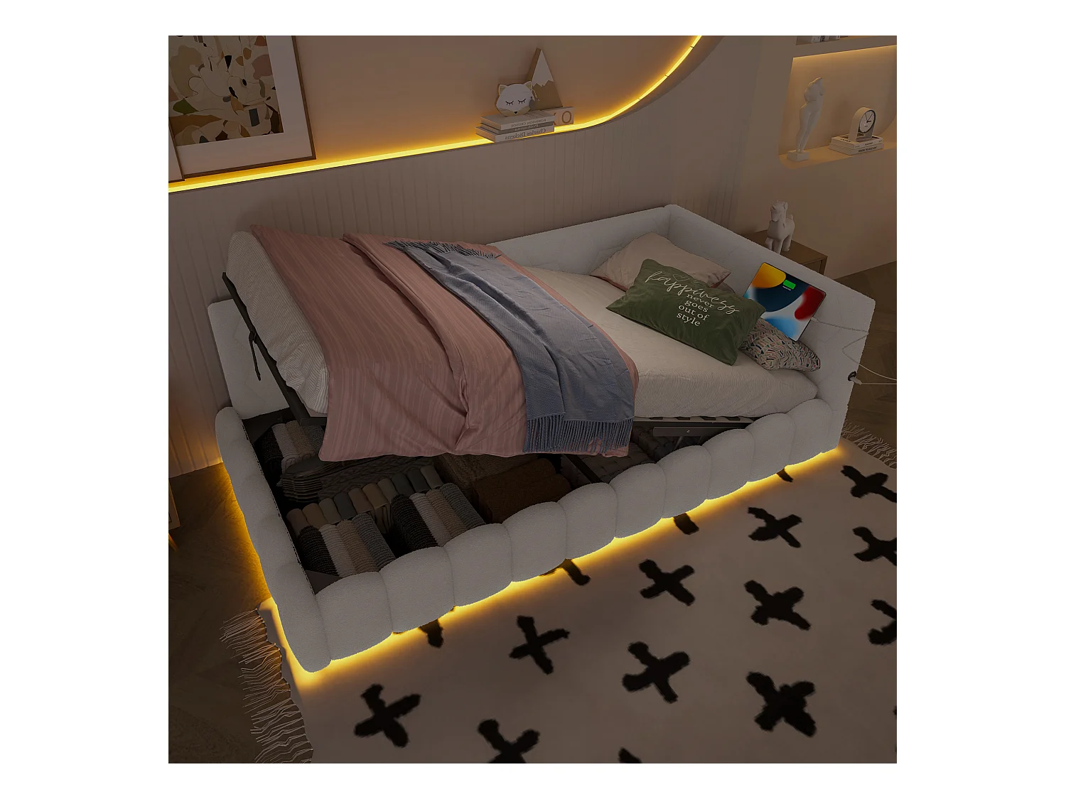Canapé-lit pour enfant - 90 x 200 cm - avec Leds + rangement hydraulique + USB - velours - blanc