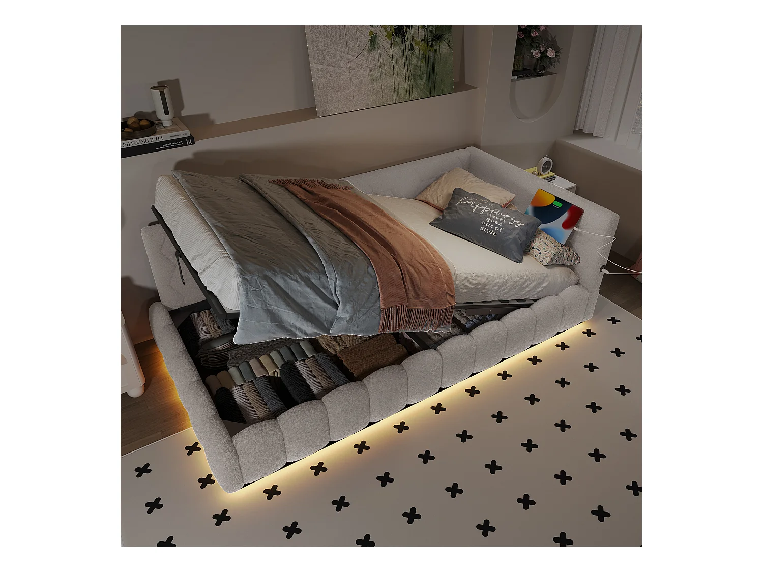 Canapé-lit pour enfant - 90 x 200 cm - avec Leds + rangement hydraulique + USB - velours - blanc