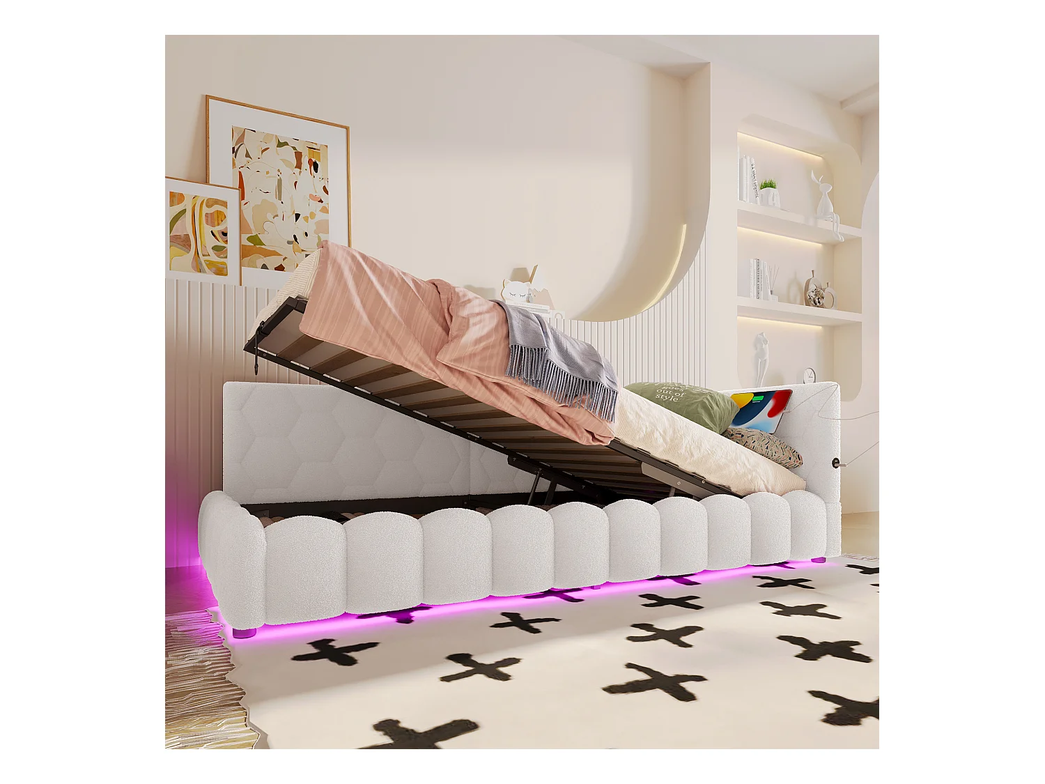 Canapé-lit pour enfant - 90 x 200 cm - avec Leds + rangement hydraulique + USB - velours - blanc