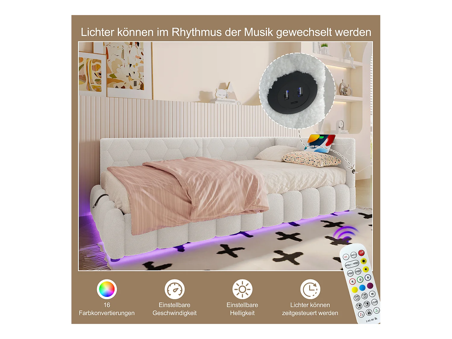 Kinderslaapbank - 90 x 200 cm - met LED's + hydraulische opbergruimte + USB - fluweel - wit