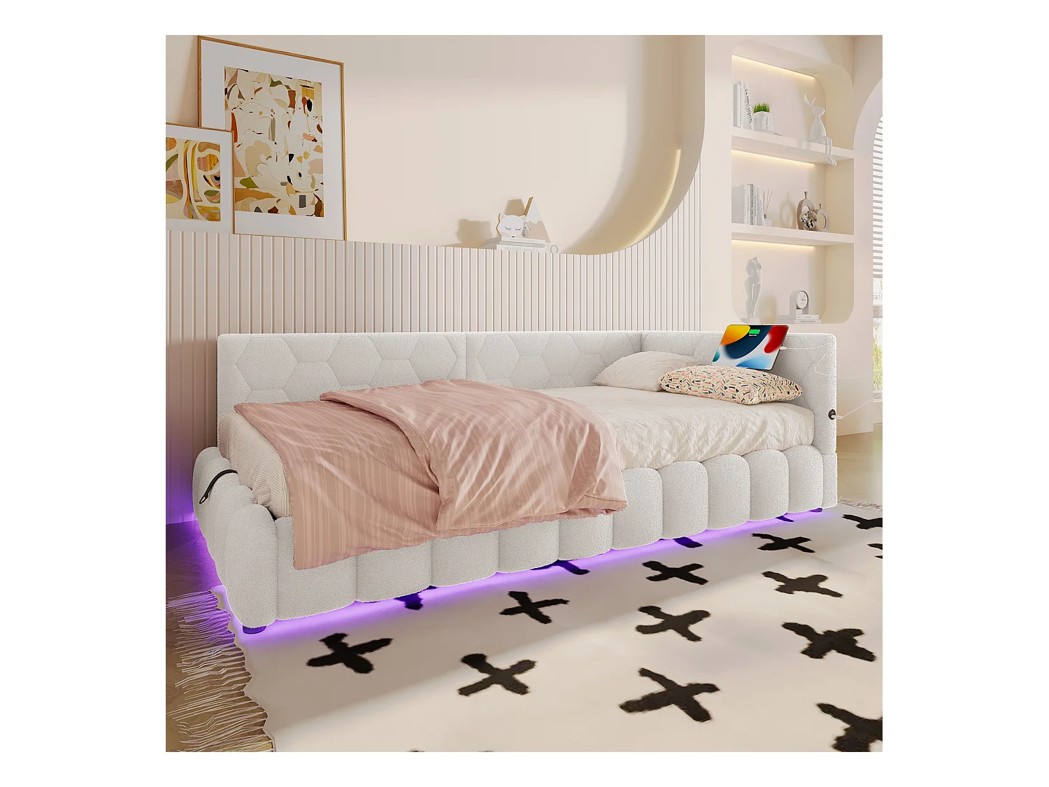 Kinderslaapbank - 90 x 200 cm - met LED's + hydraulische opbergruimte + USB - fluweel - wit