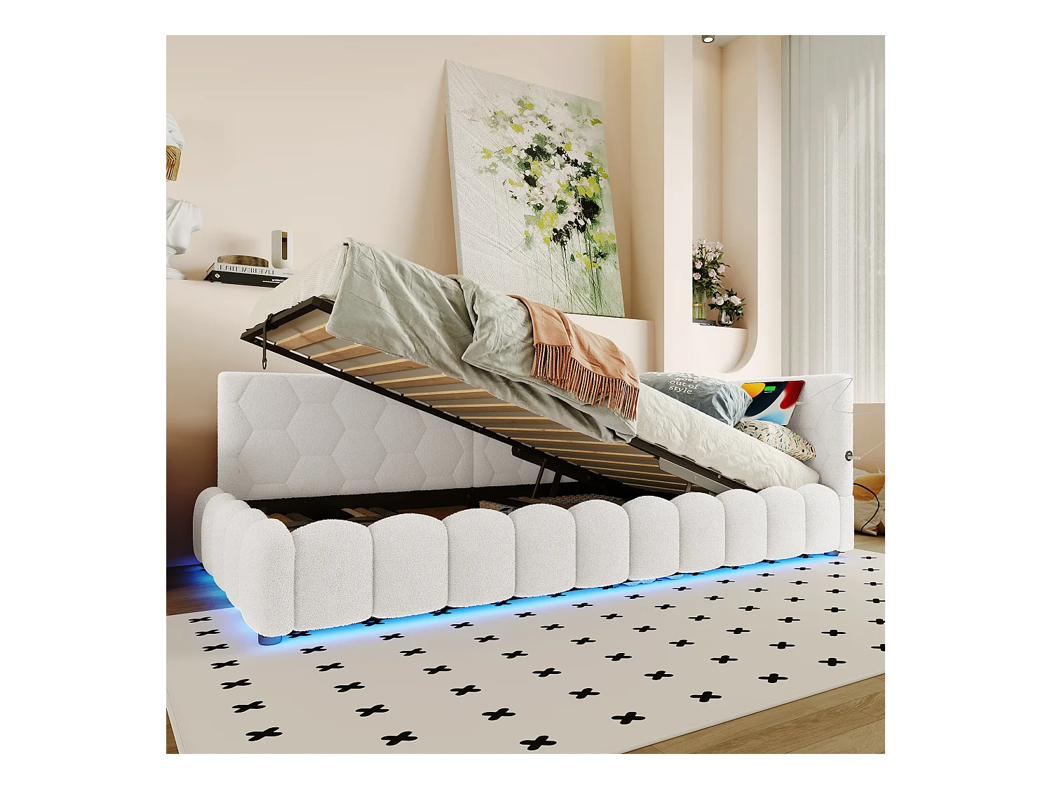 Kinderslaapbank - 90 x 200 cm - met LED's + hydraulische opbergruimte + USB - fluweel - wit