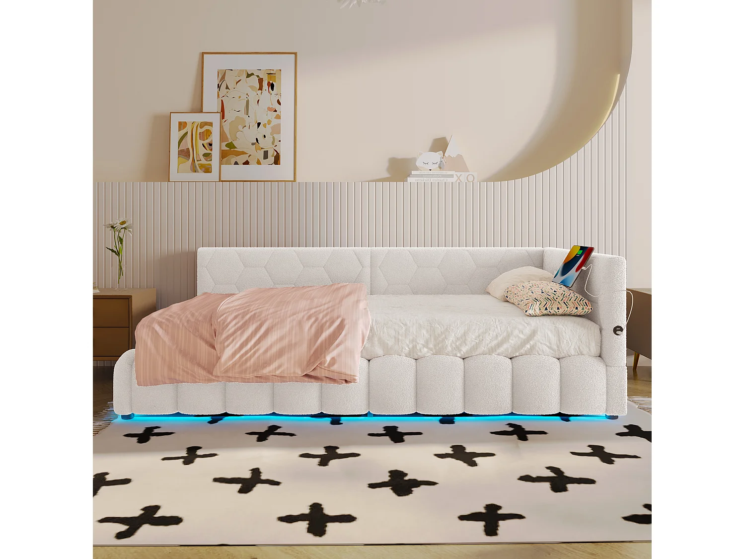 Kinderschlafsofa - 90 x 200 cm - mit LEDs + hydraulischem Stauraum + USB - Samt - weiß