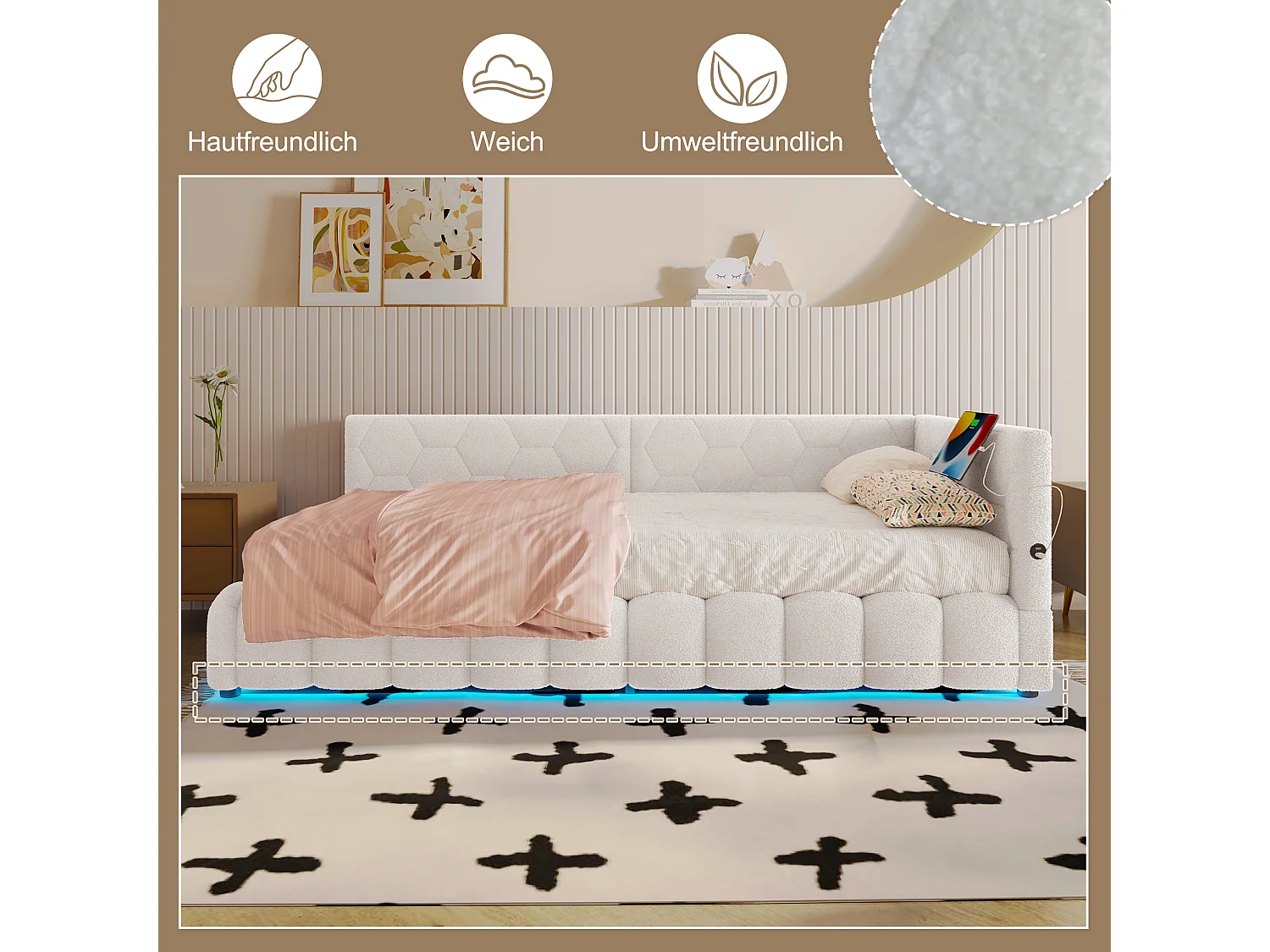 Divano letto per bambini - 90 x 200 cm - con LED + contenitore idraulico + USB - velluto - bianco