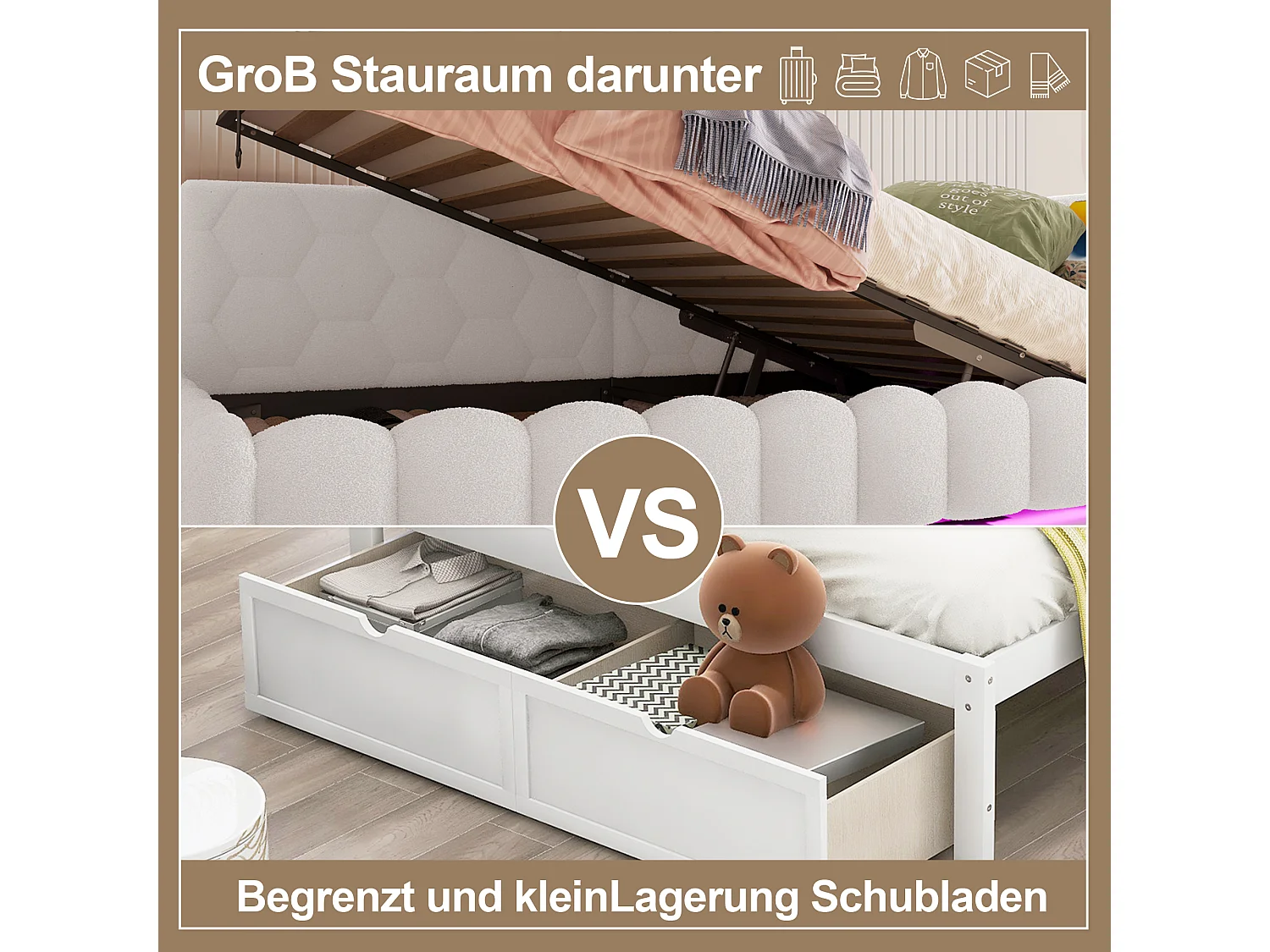 Divano letto per bambini - 90 x 200 cm - con LED + contenitore idraulico + USB - velluto - bianco