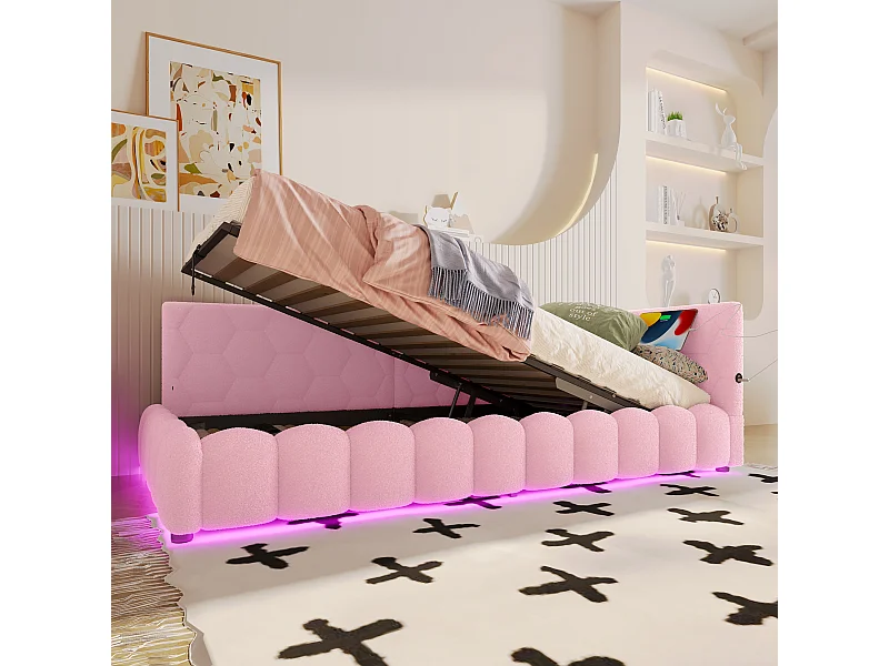 Sofá cama infantil - 90 x 200 cm - con LED + almacenaje hidráulico + USB - terciopelo - rosa
