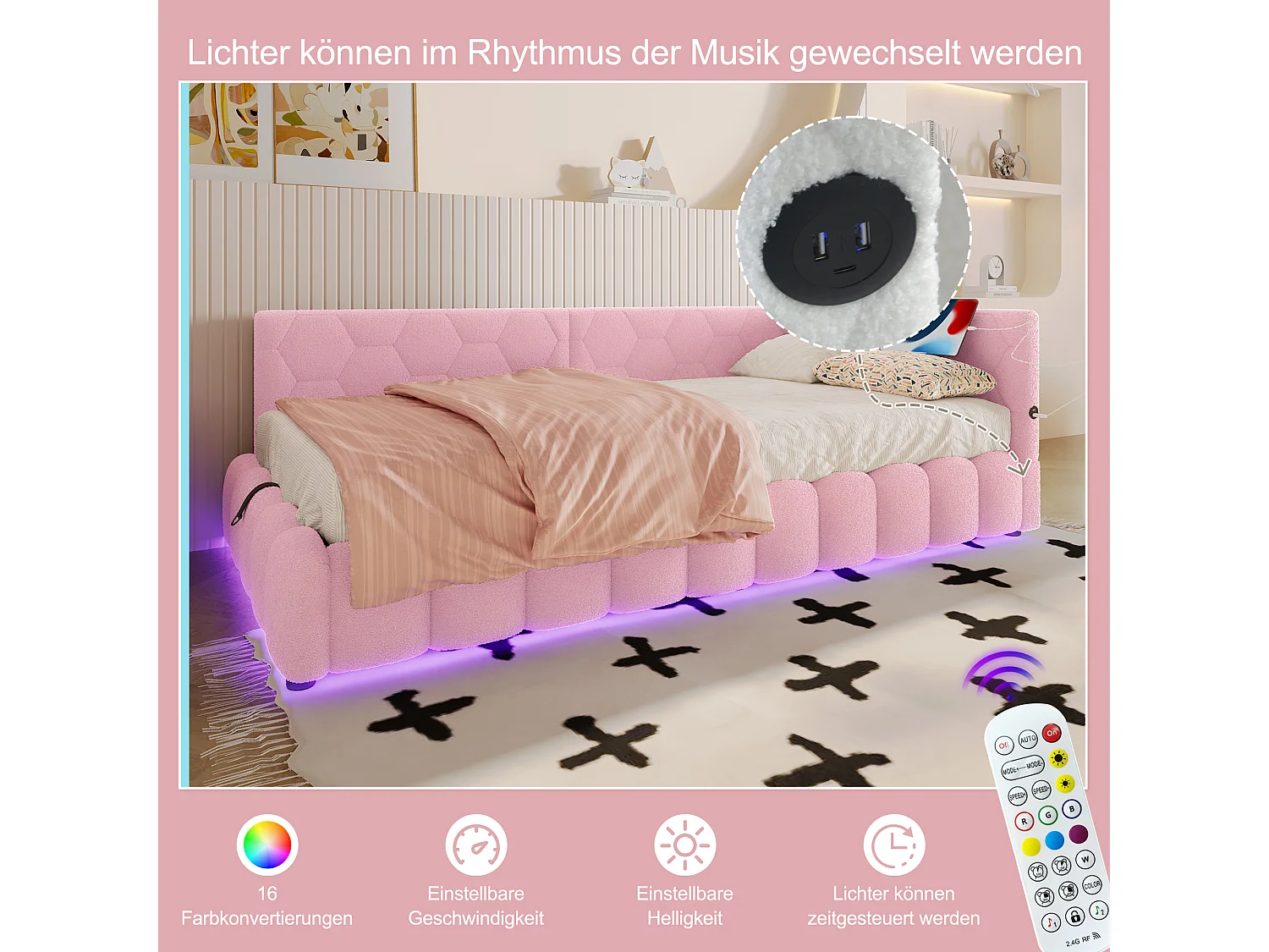 Sofá-cama para criança - 90 x 200 cm - com LEDs + arrumação hidráulica + USB - veludo - rosa