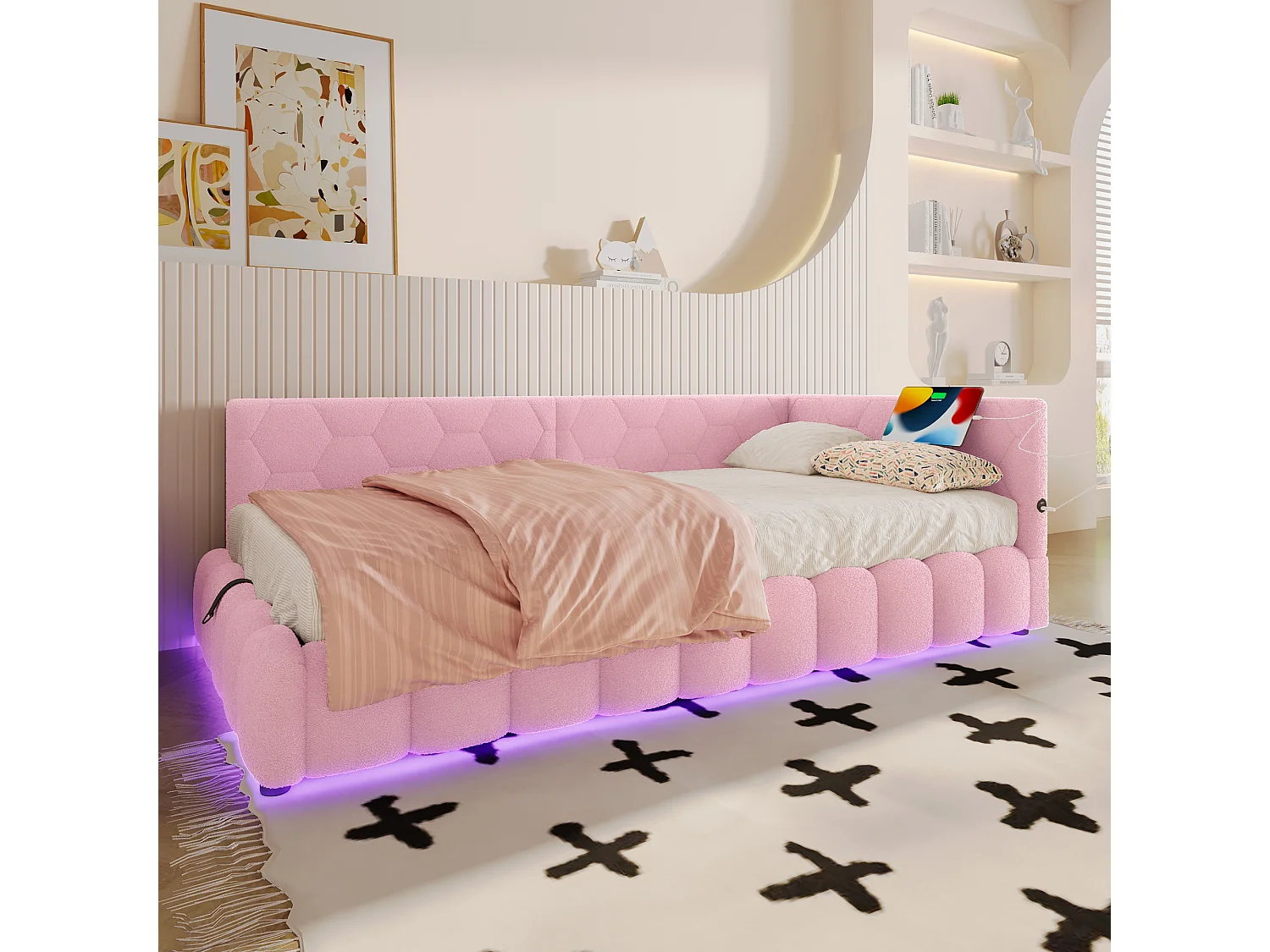 Sofá-cama para criança - 90 x 200 cm - com LEDs + arrumação hidráulica + USB - veludo - rosa