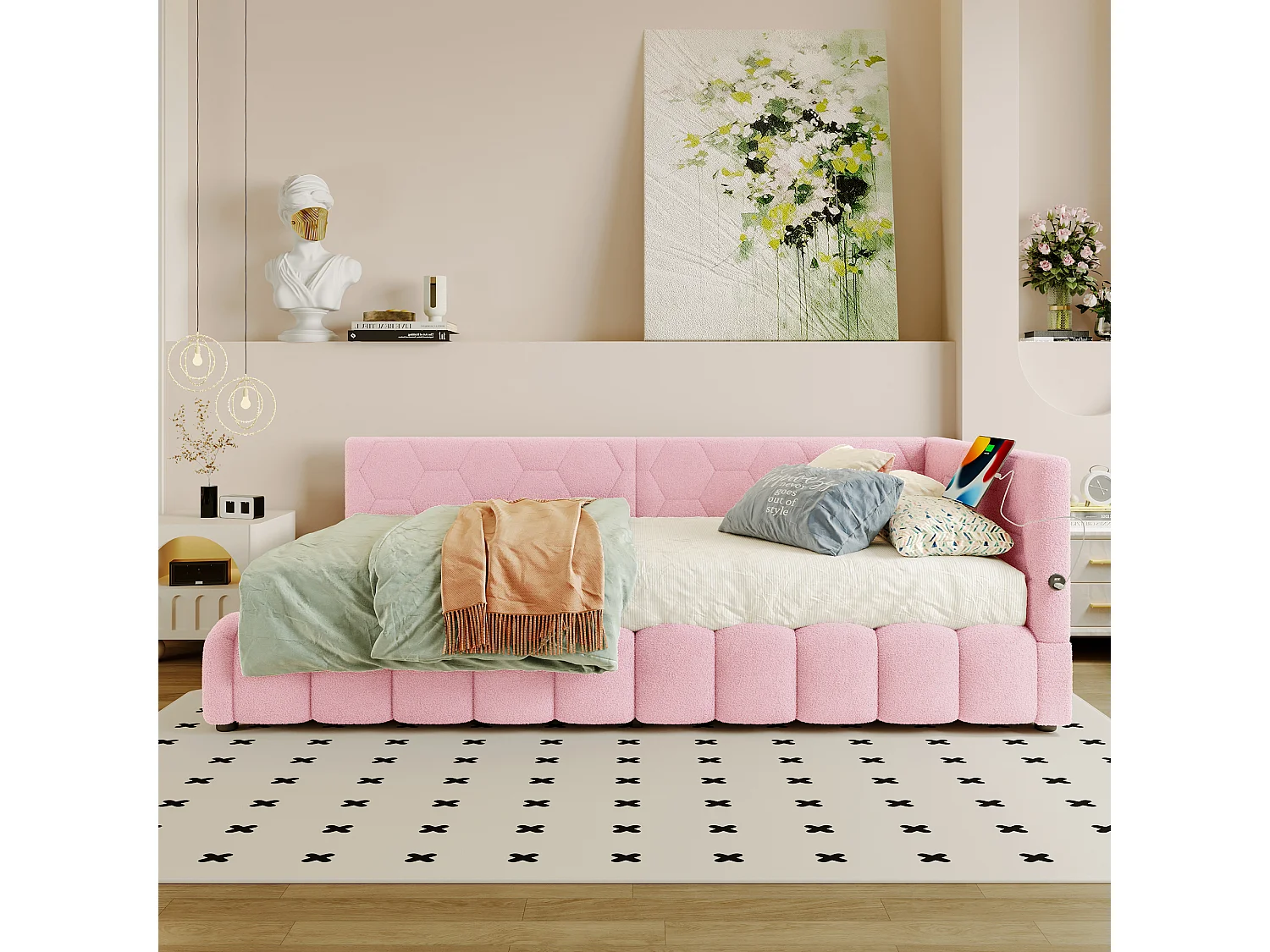 Sofá-cama para criança - 90 x 200 cm - com LEDs + arrumação hidráulica + USB - veludo - rosa