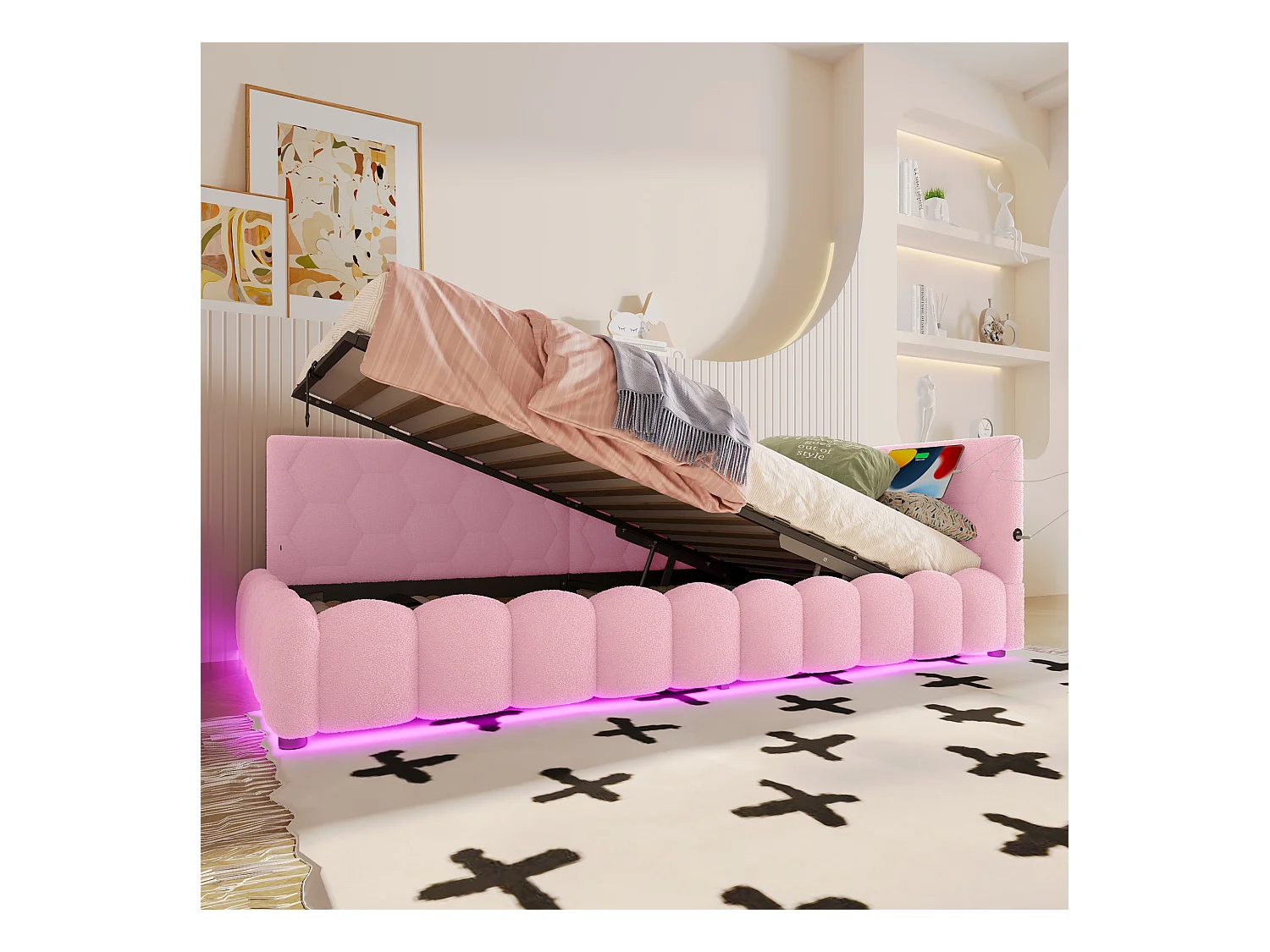 Canapé-lit pour enfant - 90 x 200 cm - avec Leds + rangement hydraulique + USB - velours - rose