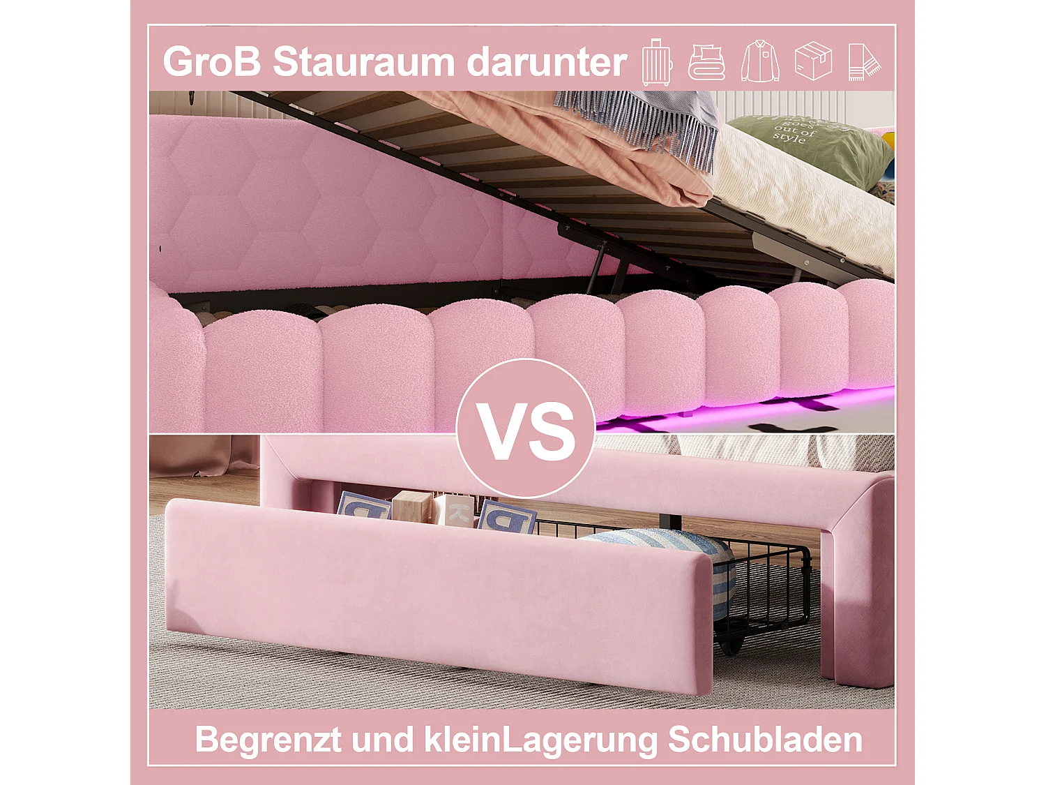 Canapé-lit pour enfant - 90 x 200 cm - avec Leds + rangement hydraulique + USB - velours - rose