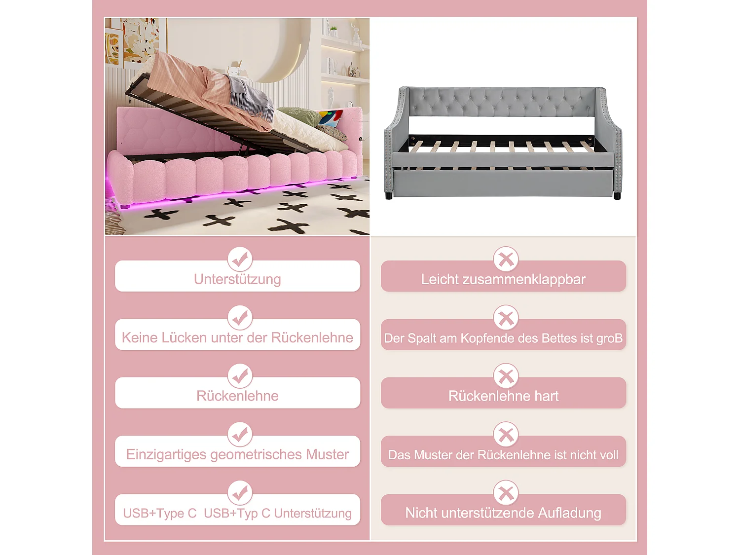 Canapé-lit pour enfant - 90 x 200 cm - avec Leds + rangement hydraulique + USB - velours - rose