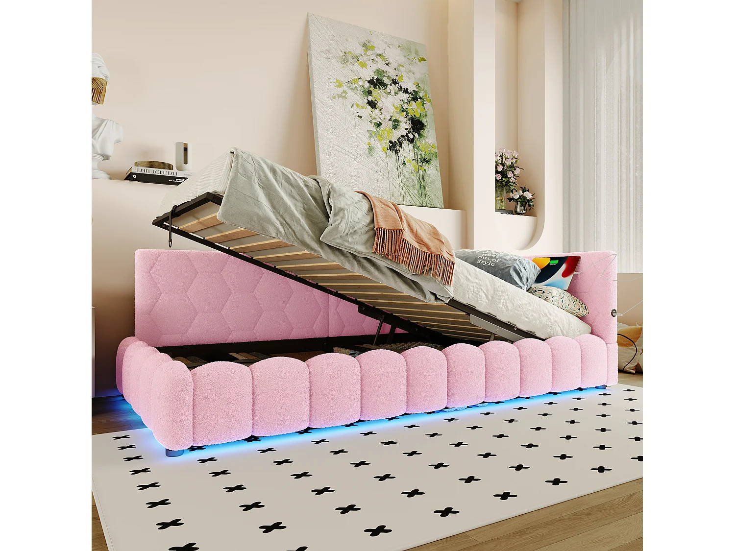 Canapé-lit pour enfant - 90 x 200 cm - avec Leds + rangement hydraulique + USB - velours - rose