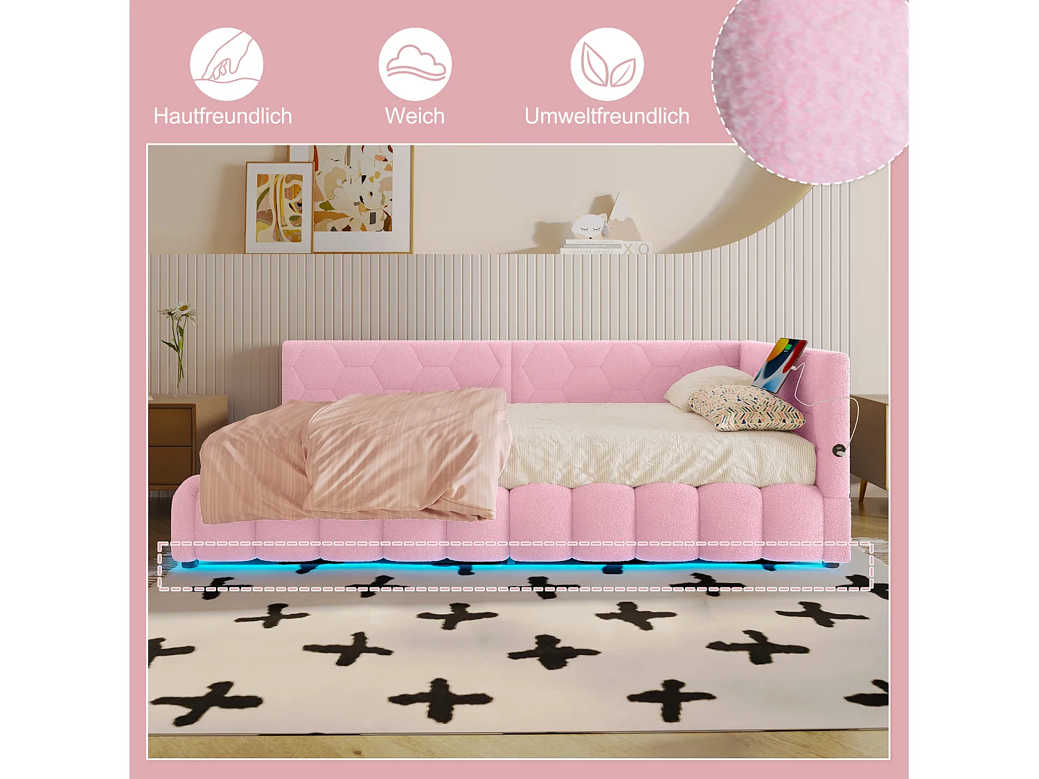 Canapé-lit pour enfant - 90 x 200 cm - avec Leds + rangement hydraulique + USB - velours - rose