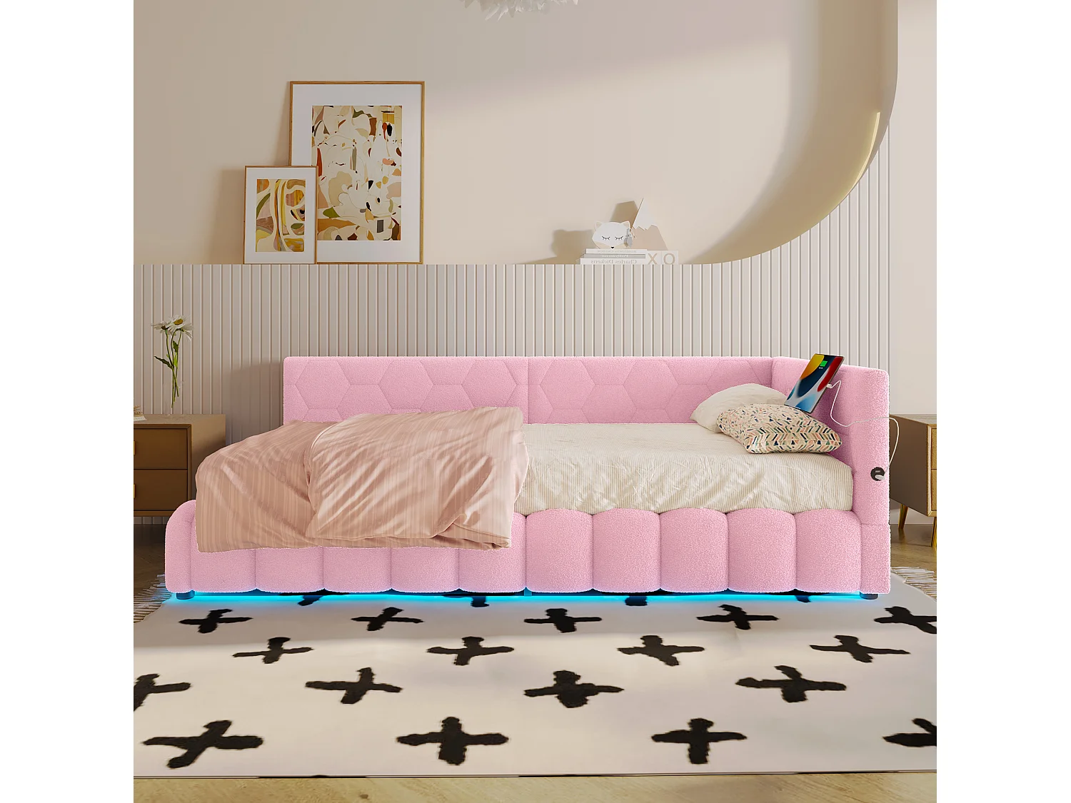 Canapé-lit pour enfant - 90 x 200 cm - avec Leds + rangement hydraulique + USB - velours - rose