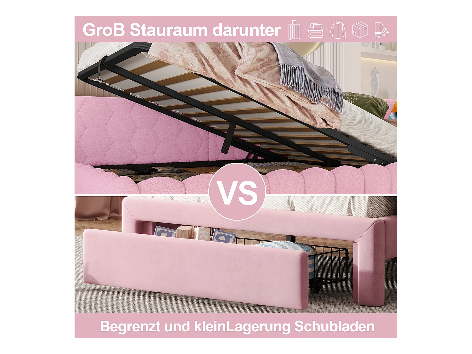 Divano letto per bambini - 140 x 200 cm - con LED + contenitore idraulico + USB - velluto - rosa