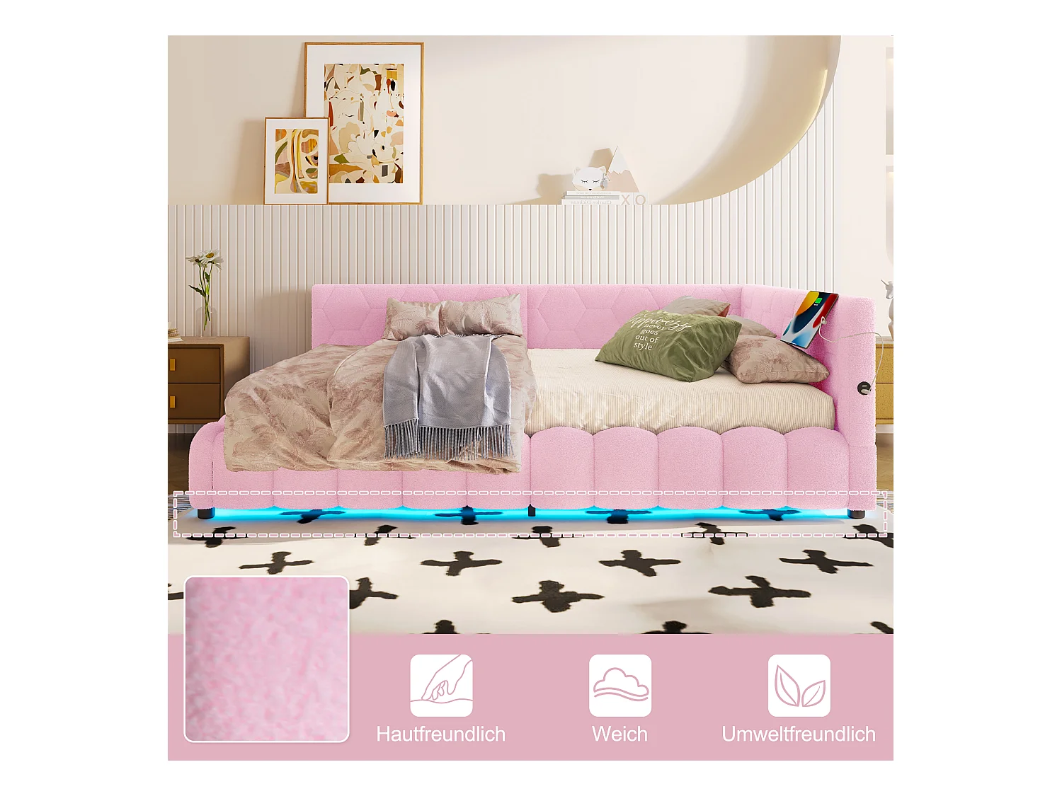 Divano letto per bambini - 140 x 200 cm - con LED + contenitore idraulico + USB - velluto - rosa