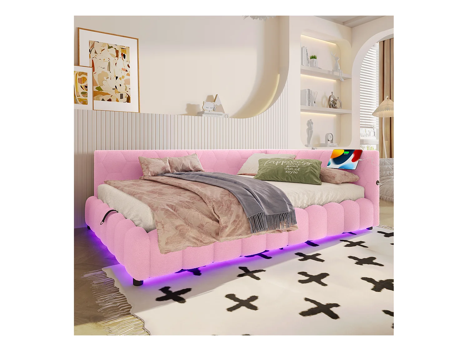 Divano letto per bambini - 140 x 200 cm - con LED + contenitore idraulico + USB - velluto - rosa