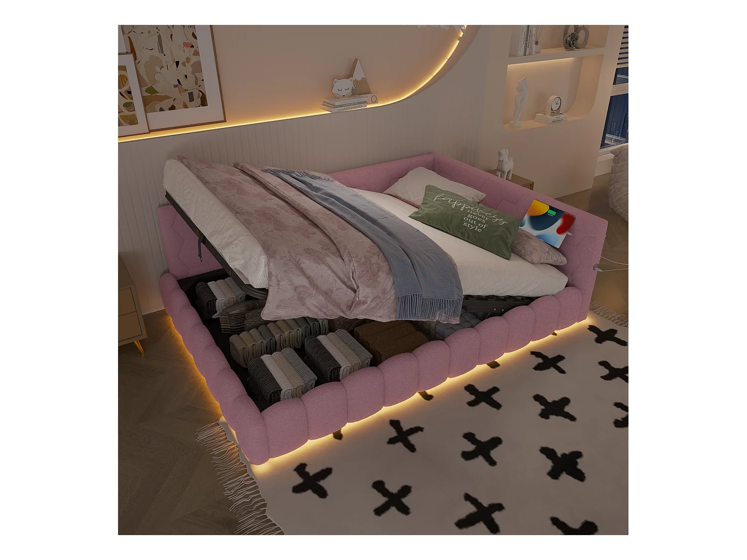 Divano letto per bambini - 140 x 200 cm - con LED + contenitore idraulico + USB - velluto - rosa